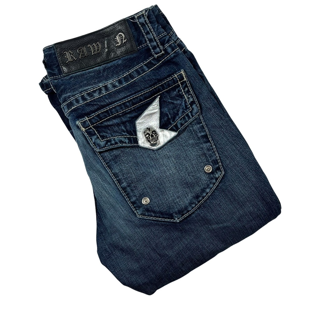 Rawkn Distressed Bootcut Jeans Mens‎ 28 (Fits 30x32) Skull Thick Stitch *Flaws